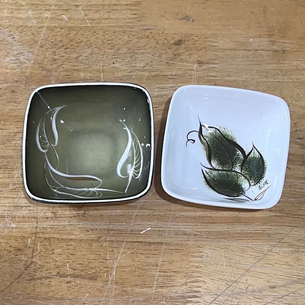 Vtg‎ Sascha Brastoff MCM Ceramic Leaf Trinket Dish Set 2 Olive Green White 3.5"